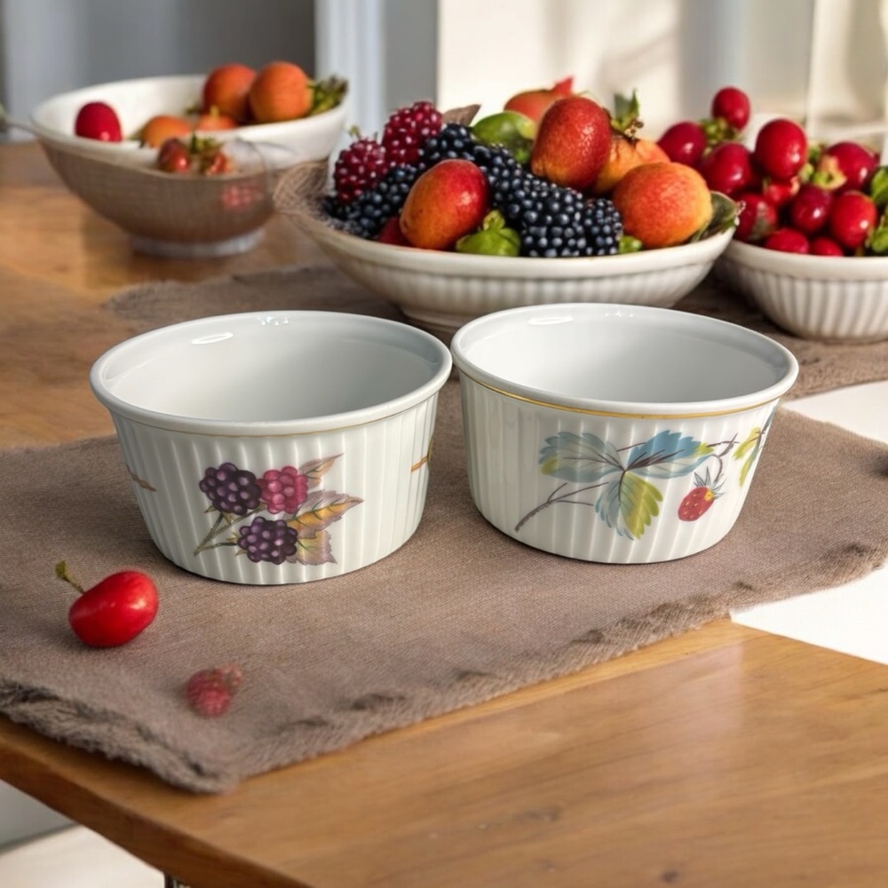 2 Royal Worcester “Strawberry Fair & Evesham Gold” Flameproof Porcelain Ramekin